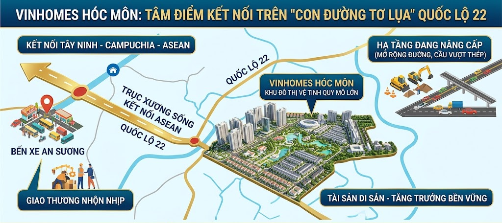 Quốc lộ 22 được mệnh danh là "con đường tơ lụa" phía Tây Bắc, và Bến xe An Sương Quốc lộ 22 chính là điểm khởi đầu quan trọng nhất của con đường này. Đây là trục xương sống nối liền TP.HCM với Tây Ninh và xa hơn là các quốc gia thuộc khối ASEAN qua Campuchia. Sự thông thương nhộn nhịp tại Bến xe An Sương Quốc lộ 22 không chỉ mang lại giá trị thương mại mà còn tạo tiền đề cho sự phát triển của các khu đô thị vệ tinh quy mô lớn. Hệ thống hạ tầng xung quanh vinhomes hóc môn khi nào mở bán bảng giá đang được nâng cấp đồng bộ với việc mở rộng mặt đường và xây dựng các cầu vượt thép. Sự hiện diện của Bến xe An Sương Quốc lộ 22 đảm bảo rằng mọi cư dân tại đây luôn có một lối đi thông thoáng, an toàn và nhanh chóng nhất. Đây chính là yếu tố cốt lõi khiến bất động sản khu vực này trở thành tài sản di sản có giá trị tăng trưởng bền vững theo thời gian.