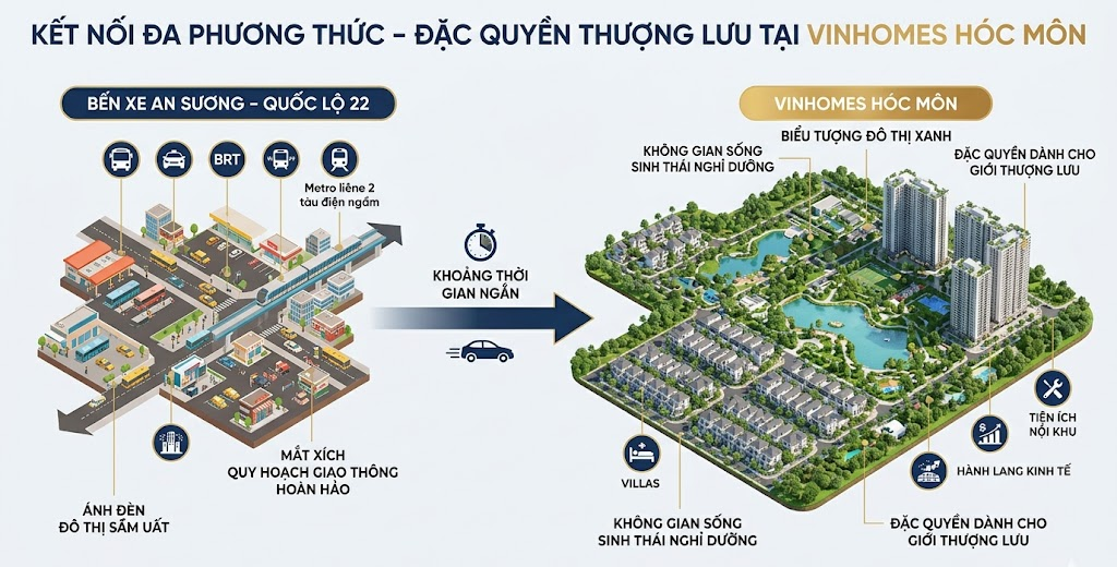 Sức hút của Bến xe An Sương Quốc lộ 22 đến từ khả năng liên kết vùng cực kỳ mạnh mẽ, giúp rút ngắn thời gian di chuyển vào trung tâm thành phố chỉ còn khoảng 15 phút. Khi tuyến Metro số 2 (Bến Thành – Tham Lương) đi vào hoạt động và kéo dài về phía Tây Bắc, Bến xe An Sương Quốc lộ 22 sẽ trở thành trạm trung chuyển huyết mạch, thúc đẩy giá trị bất động sản tăng trưởng phi mã. Nhìn từ góc độ một chuyên gia, quy hoạch vinhomes hóc môn đang hưởng lợi trực tiếp từ sự đầu tư bài bản vào hạ tầng quanh nút giao này. Sự dịch chuyển của dòng vốn đầu tư đang đổ dồn về khu vực phía Bắc, nơi có quỹ đất rộng lớn và giao thông thuận tiện. Bến xe An Sương Quốc lộ 22 chính là "phễu" đón trọn nguồn lực này, biến những dự án như Vinhomes Hóc Môn trở thành tâm điểm của thị trường trong tương lai gần.