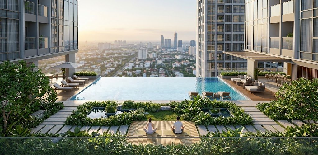 Tại dự án Vinhomes Hóc Môn, tiện ích không chỉ dừng lại ở mặt đất mà được đưa lên các tầng cao để tối ưu hóa trải nghiệm riêng tư. Các "Skypark" – công viên trên không được thiết kế như những khu vườn tĩnh tâm dành riêng cho cư dân khối cao tầng. Tại đây, bạn có thể thực hành thiền định hoặc yoga giữa làn gió mát lành từ độ cao hàng trăm mét, tách biệt hoàn toàn với tiếng ồn đô thị và bụi bặm phố phường.Hệ sinh thái tiện ích theo chiều thẳng đứng này bao gồm cả những hồ bơi tràn bờ trên không và khu vực lounge sang trọng chỉ dành cho cư dân. Căn hộ Vinhomes Hóc Môn thiết lập một đặc quyền sống thượng lưu, nơi mọi nhu cầu thư giãn đều được đáp ứng chỉ trong vài bước chân di chuyển bằng