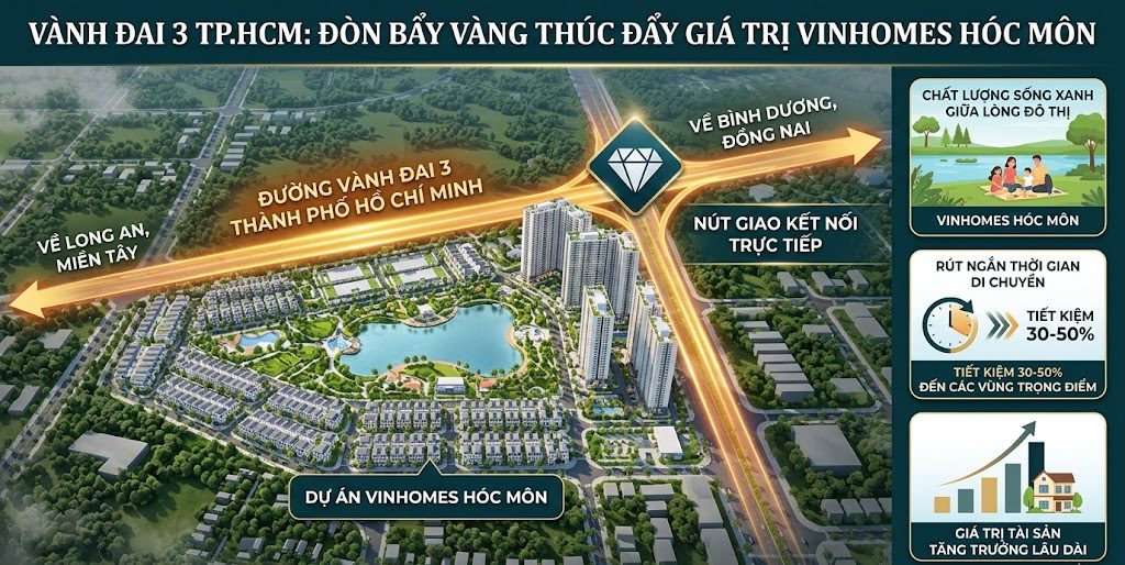 Giao thông là đòn bẩy quan trọng nhất thúc đẩy giá trị của bất động sản. Việc triển khai vành đai 3 thành phố hồ chí minh giúp rút ngắn khoảng cách từ khu vực Hóc Môn đến các vùng kinh tế trọng điểm khác. Chủ nhân căn hộ Vinhomes Hóc Môn sẽ là những người hưởng lợi trực tiếp từ sự đồng bộ này, khi mà thời gian di chuyển giảm xuống và giá trị tài sản không ngừng tăng lên theo thời gian.Các thông tin về quy hoạch vành đai 3 cho thấy sự bài bản trong việc kết nối hạ tầng vùng. Điều này giúp dự án Vinhomes Hóc Môn trở thành lựa chọn ưu tiên cho những ai đang tìm kiếm một nơi ở vừa thuận tiện cho công việc, vừa đảm bảo chất lượng sống xanh giữa lòng đô thị.