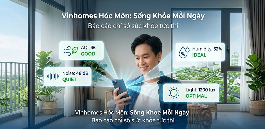 Một điểm mới lạ chỉ có tại dự án Vinhomes Hóc Môn là bản phân tích chỉ số sống khỏe dành cho từng căn hộ. Các chỉ số về chất lượng không khí, độ ẩm, độ ồn và cường độ ánh sáng được theo dõi liên tục và báo cáo về điện thoại của chủ nhân. Điều này giúp gia chủ luôn kiểm soát được môi trường sống của mình và có những điều chỉnh kịp thời để bảo vệ sức khỏe