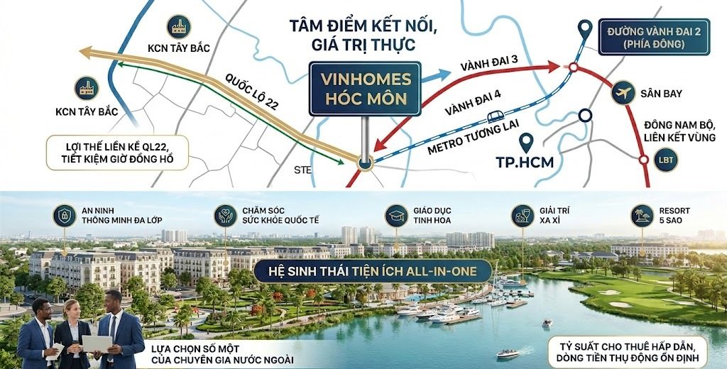 Cộng đồng chuyên gia nước ngoài thành đạt luôn đưa ra những đòi hỏi an cư vô cùng khắt khe và chuẩn mực. Đối với họ, nhà không chỉ đơn thuần là một chỗ ngả lưng nghỉ ngơi sau những giờ làm việc căng thẳng. Họ khao khát một hệ sinh thái tiện ích khép kín hoàn chỉnh và đẳng cấp vương giả xứng tầm vị thế. Hệ thống an ninh thông minh đa lớp nghiêm ngặt luôn là yếu tố được họ đặt lên bàn cân hàng đầu. Kế tiếp là các dịch vụ chăm sóc sức khỏe quốc tế, giáo dục tinh hoa và tụ điểm giải trí xa xỉ. Tổ hợp Vinhomes Hóc Môn Việt Nam biểu tượng đô thị xanh sinh ra để giải quyết hoàn hảo những yêu cầu này. Thiết kế cảnh quan mang đậm dấu ấn sinh thái ven sông tạo nên một bầu không khí thư thái tuyệt đối. Hệ thống tiện ích nội khu all-in-one mang đến trải nghiệm sống trọn vẹn như tại các resort nghỉ dưỡng năm sao. Những khối tài sản mang giá trị thực như vậy luôn có tỷ suất cho thuê ở mức cực kỳ hấp dẫn. Dòng tiền thụ động sinh ra đều đặn từ việc cho thuê nhóm khách hàng này là vô cùng dồi dào và ổn định.