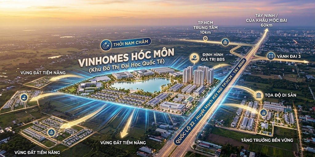 Bản đồ Vinhomes Hóc Môn thể hiện vị trí chiến lược tại cửa ngõ Tây Bắc