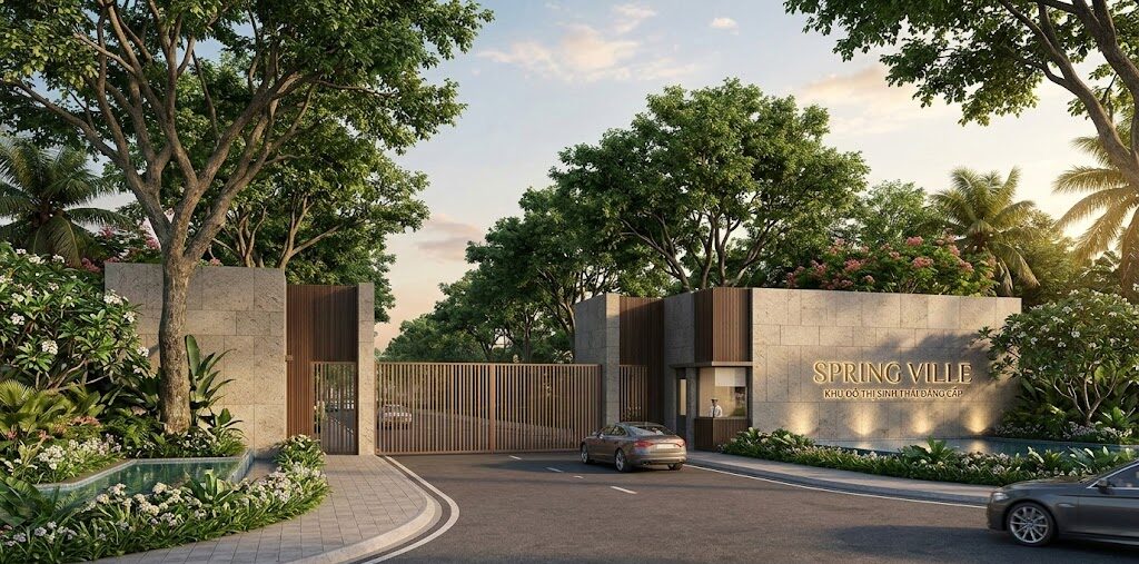 Cổng chào dự án Spring Ville thiết kế theo phong cách tối giản sang trọng.