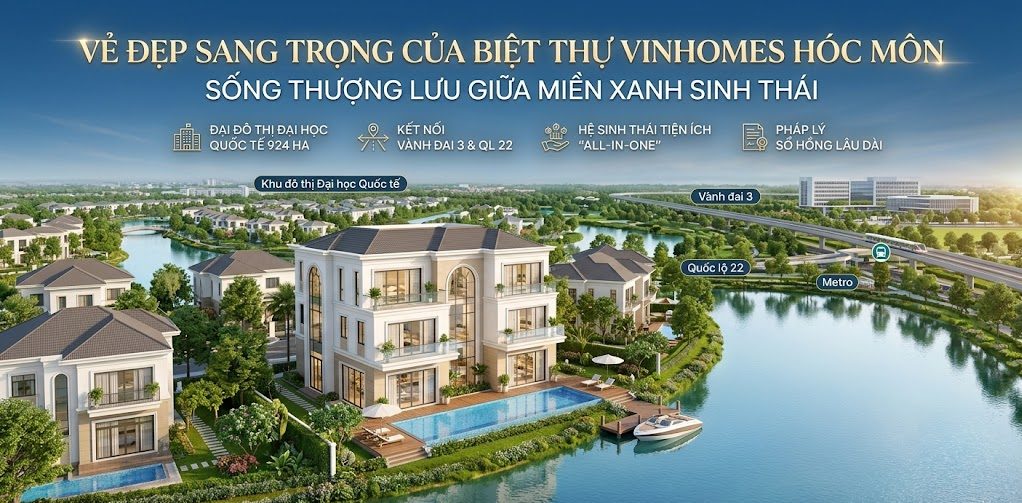 Bạn đóng vai trò à 1 chuyên gia designer thiết kế đồ họa cho content SEO marketing trong lĩnh vực bất động sản có 10 năm kinh nghiệm. Hãy sử dụng các nguồn tư liệu có sẵn trên mạng về thông tin mới nhất của dự án giúp tôi tạo ảnh vẻ đẹp sang trọng của biệt thự tại khu đô thị vinhomes hóc môn, làm thêm giúp tôi 1 khung trắng dưới footer dưới ảnh 20 px