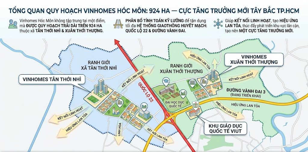 Vinhomes Hóc Môn bao nhiêu ha không nằm tập trung tại một điểm mà được quy hoạch trải dài trên địa bàn các xã Tân Thới Nhì và Xuân Thới Thượng của huyện Hóc Môn. Sự phân bổ này được tính toán kỹ lưỡng để tận dụng tối đa hệ thống giao thông huyết mạch đang và sẽ được triển khai trong khu vực, như quốc lộ 22 và các tuyến đường vành đai. Điều này giúp dự án có khả năng kết nối linh hoạt, đồng thời tạo ra hiệu ứng lan tỏa, thúc đẩy sự phát triển của các khu vực lân cận, tạo nên một cực tăng trưởng mới cho khu Tây Bắc TP.HCM.