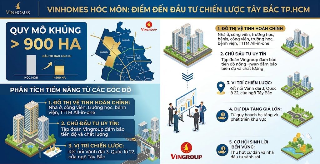 Khi biết được chính xác diện tích Vinhomes Hóc Môn bao nhiêu ha, các nhà đầu tư sành sỏi sẽ không chỉ dừng lại ở con số mà sẽ bắt đầu phân tích sâu hơn về tiềm năng đầu tư mà quy mô này mang lại. Với một dự án có diện tích hơn 900 ha và do Tập đoàn Vingroup làm chủ đầu tư, tiềm năng sinh lời từ Vinhomes Hóc Môn là vô cùng to lớn và có thể được nhìn nhận dưới nhiều góc độ khác nhau.