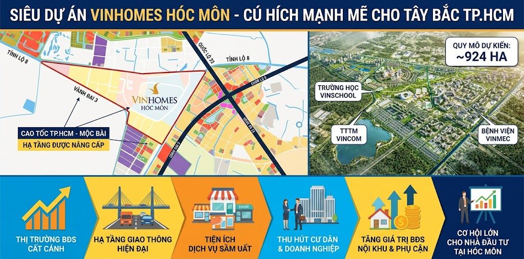 Sự xuất hiện của siêu dự án Vinhomes Hóc Môn bao nhiêu ha chắc chắn sẽ tạo ra một cú hích mạnh mẽ cho thị trường bất động sản khu vực Tây Bắc TP.HCM. Hạ tầng giao thông xung quanh dự án sẽ được đầu tư nâng cấp, các tiện ích dịch vụ sẽ phát triển rầm rộ, từ đó thu hút một lượng lớn cư dân và doanh nghiệp về đây. Tất cả những yếu tố này sẽ làm gia tăng đáng kể giá trị bất động sản không chỉ trong nội khu dự án mà còn ở các khu vực lân cận. Do đó, các nhà đầu tư sở hữu bất động sản tại Hóc Môn, đặc biệt là ở vùng phụ cận của dự án, sẽ được hưởng lợi lớn từ sự phát triển này.