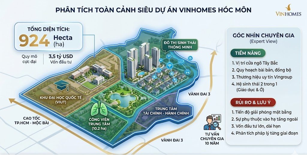 Vinhomes Hóc Môn bao nhiêu ha là một siêu dự án bất động sản có quy mô diện tích vô cùng lớn, được quy hoạch bài bản theo mô hình đại đô thị sinh thái thông minh, hứa hẹn sẽ mang lại một không gian sống đẳng cấp và cơ hội đầu tư sinh lời hấp dẫn. Tuy nhiên, trước khi quyết định đầu tư, các nhà đầu tư cần phải cân nhắc kỹ lưỡng các yếu tố về tiềm năng và rủi ro, đồng thời tham khảo ý kiến của các chuyên gia để có những quyết định đầu tư chính xác và hiệu quả nhất.