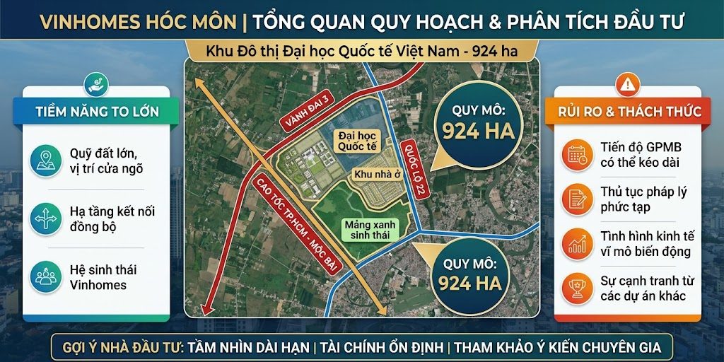 Bên cạnh những tiềm năng to lớn, diện tích Vinhomes Hóc Môn bao nhiêu ha cũng đối mặt với một số rủi ro và thách thức mà các nhà đầu tư cần phải cân nhắc. Đó là tiến độ đền bù giải phóng mặt bằng có thể kéo dài, các thủ tục pháp lý phức tạp, tình hình kinh tế vĩ mô biến động, và sự cạnh tranh từ các dự án khác trong khu vực. Vinhomes Hóc Môn bao nhiêu ha Do đó, các nhà đầu tư cần phải có tầm nhìn dài hạn, nguồn tài chính ổn định, đồng thời tham khảo ý kiến của các chuyên gia để có những đánh giá chính xác về tiềm năng đầu tư và hạn chế tối đa các rủi ro có thể xảy ra.