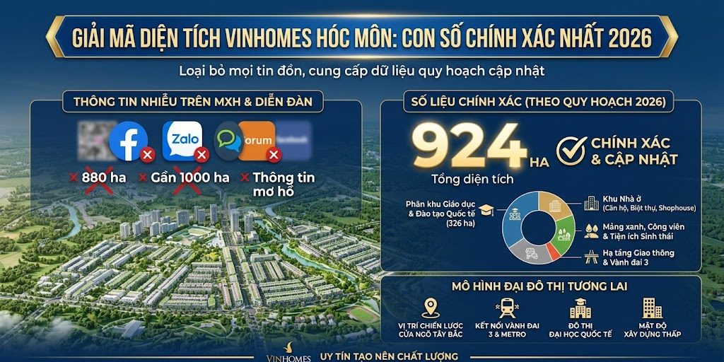 Nhiều nhà đầu tư vẫn còn khá mơ hồ về con số chính xác Vinhomes Hóc Môn bao nhiêu ha, do có nhiều luồng thông tin khác nhau xuất hiện trên các trang mạng xã hội và diễn đàn bất động sản. Tuy nhiên, theo các nguồn tin tin cậy và các văn bản quy hoạch được công bố tính đến năm 2026, chúng tôi sẽ cung cấp cho bạn những số liệu chính xác và cập nhật nhất về quy mô diện tích của dự án này, giúp bạn có cái nhìn rõ ràng về đại đô thị tương lai.