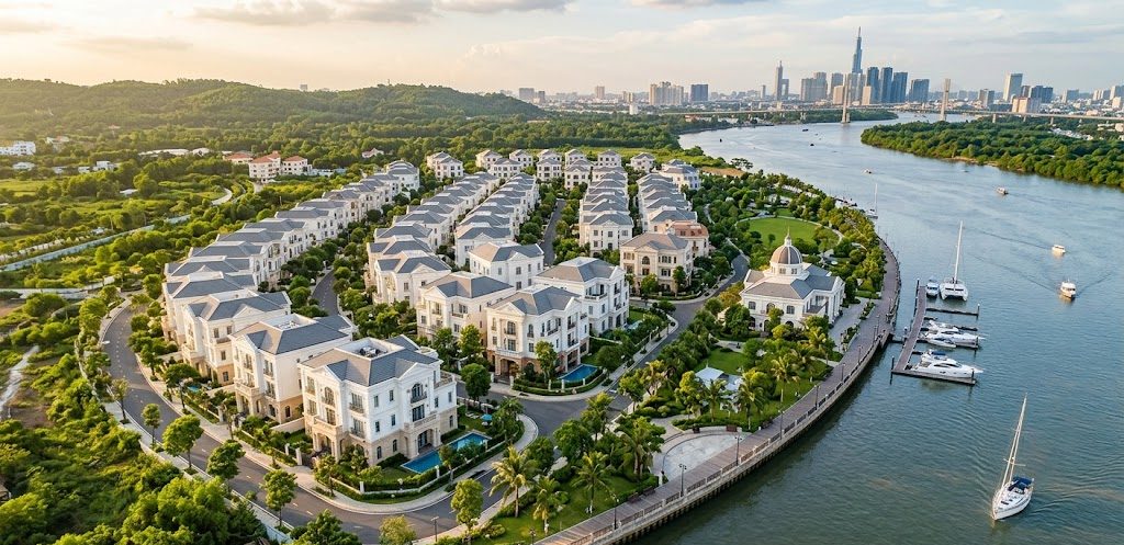 Phân khu biệt thự ven sông với thiết kế kiến trúc tân cổ điển.