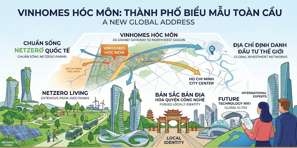 Vinhomes Hóc Môn Việt Nam đang thực hiện một bước đi mang tính lịch sử khi định vị mình là một thành phố biểu mẫu toàn cầu ngay tại cửa ngõ Tây Bắc Sài Gòn. Dự án không chỉ dừng lại ở quy mô một khu đô thị thông thường mà còn là tuyên ngôn của Vingroup về một chuẩn sống Netzero quốc tế, nơi bản sắc bản địa hòa quyện cùng công nghệ tương lai. Với mục tiêu kiến tạo một địa chỉ định danh mới trên bản đồ đầu tư thế giới, dự án đang thu hút sự chú ý mạnh mẽ từ giới thượng lưu và các chuyên gia đa quốc gia.