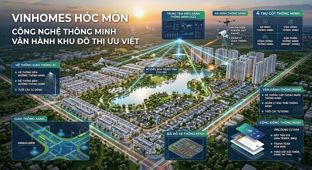 Bạn đóng vai trò à 1 chuyên gia designer thiết kế đồ họa cho content SEO marketing trong lĩnh vực bất động sản có 10 năm kinh nghiệm. Hãy sử dụng các nguồn tư liệu có sẵn trên mạng về thông tin mới nhất của dự án giúp tôi tạo ảnh công nghệ thông minh vận hành khu đô thị vinhomes hóc môn ưu việt