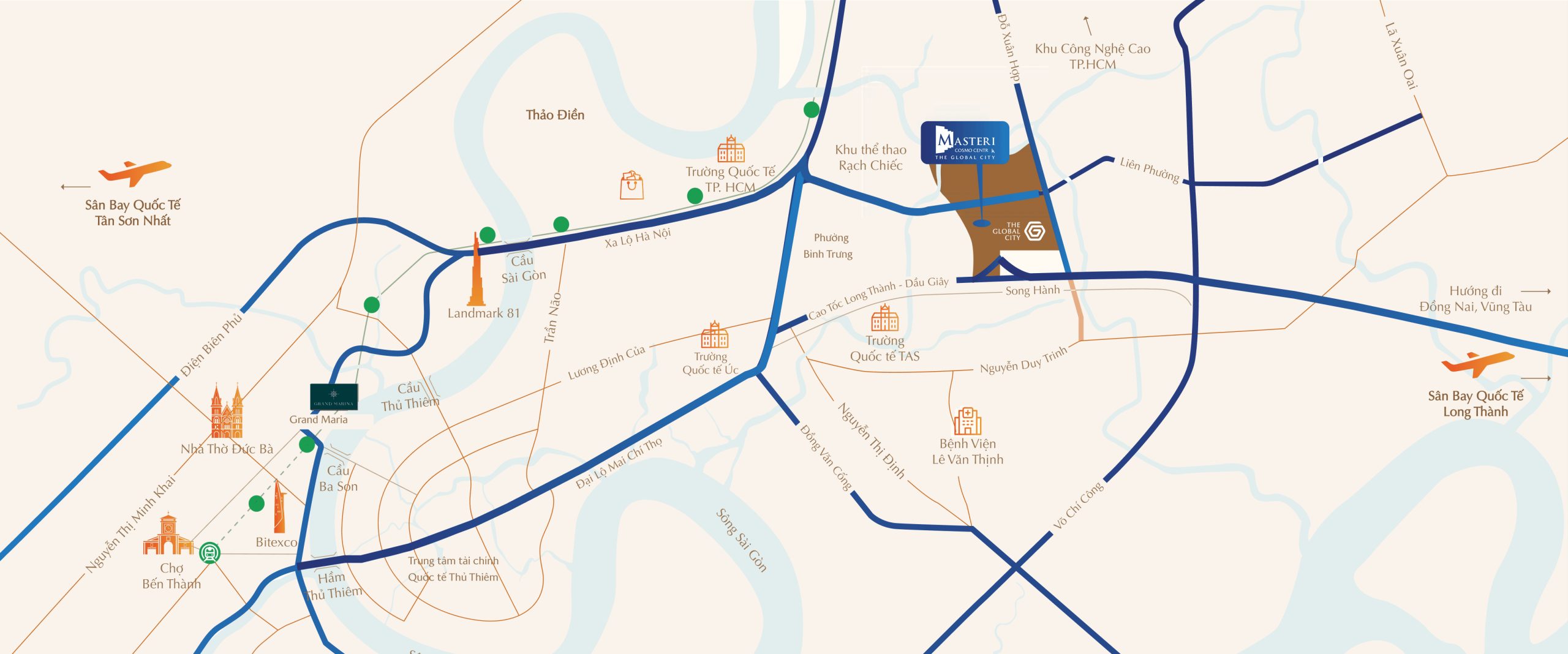 Vị trí The Global City kết nối trực tiếp cao tốc và nút giao An Phú