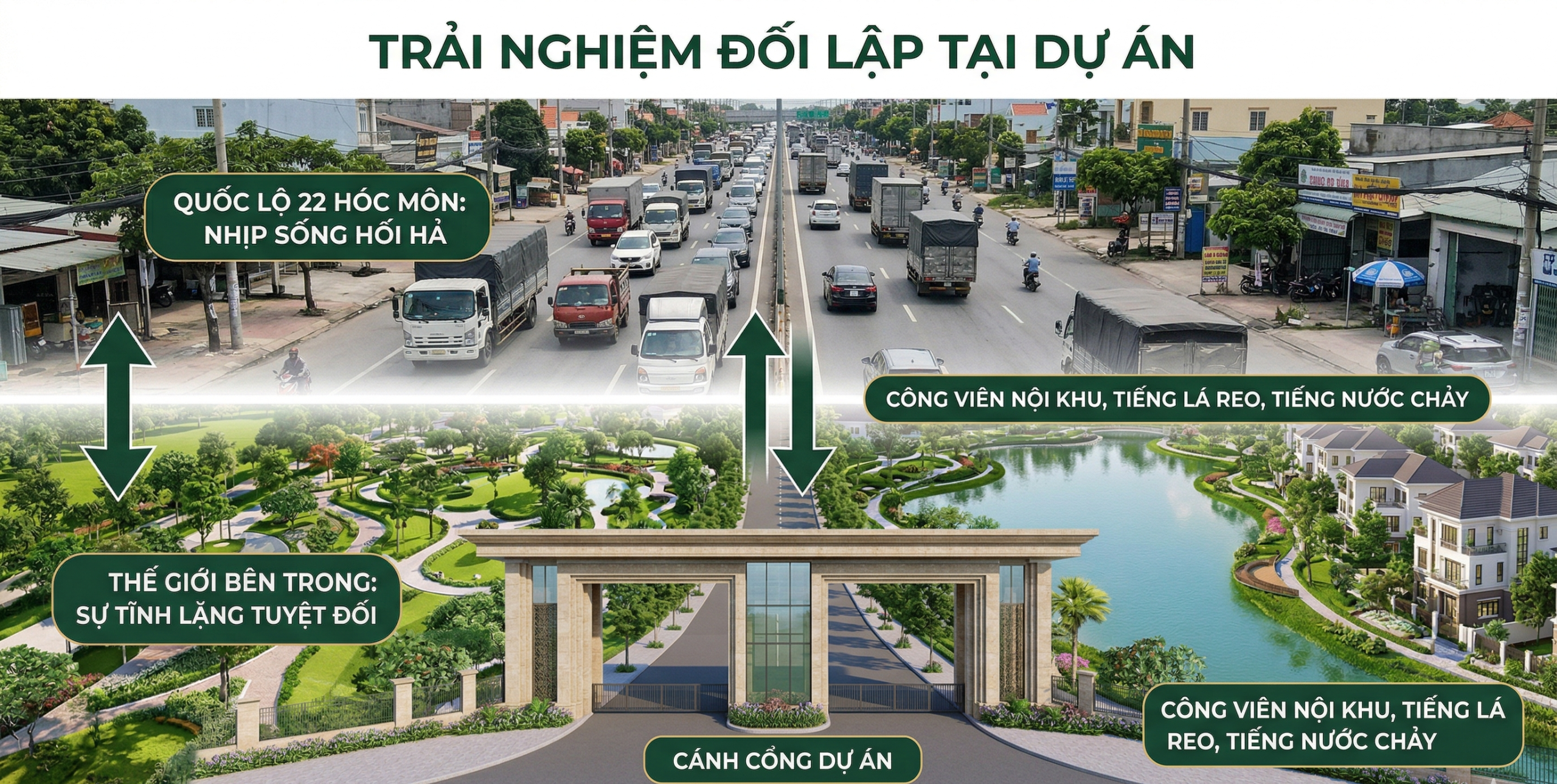 Một trong những trải nghiệm thú vị nhất khi sở hữu nhà tại đây chính là cảm giác bước qua cánh cổng dự án. Chỉ cách quốc lộ 22 hóc môn vài bước chân, nhưng thế giới bên trong lại hoàn toàn khác biệt. Nếu bên ngoài là nhịp sống hối hả, là dòng chảy không ngừng của hàng hóa và xe cộ trên quốc lộ 22 hóc môn, thì bên trong lại là sự tĩnh lặng tuyệt đối, nơi tiếng còi xe được thay thế bằng tiếng lá reo và tiếng nước chảy trong các công viên nội khu.