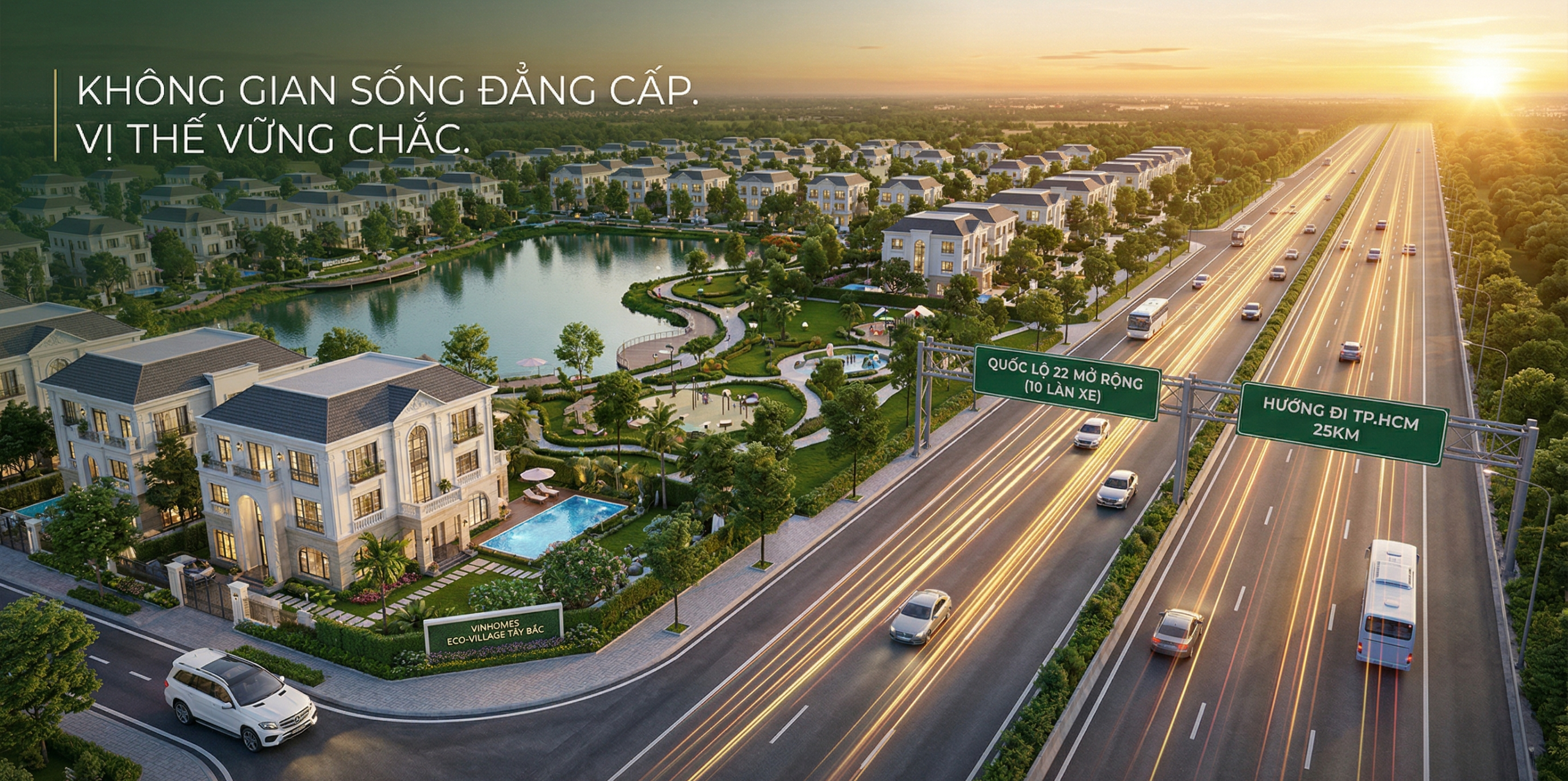 Toàn cảnh đại đô thị Vinhomes Hóc Môn hưởng lợi trực tiếp từ hạ tầng quốc lộ 22 mở rộng.